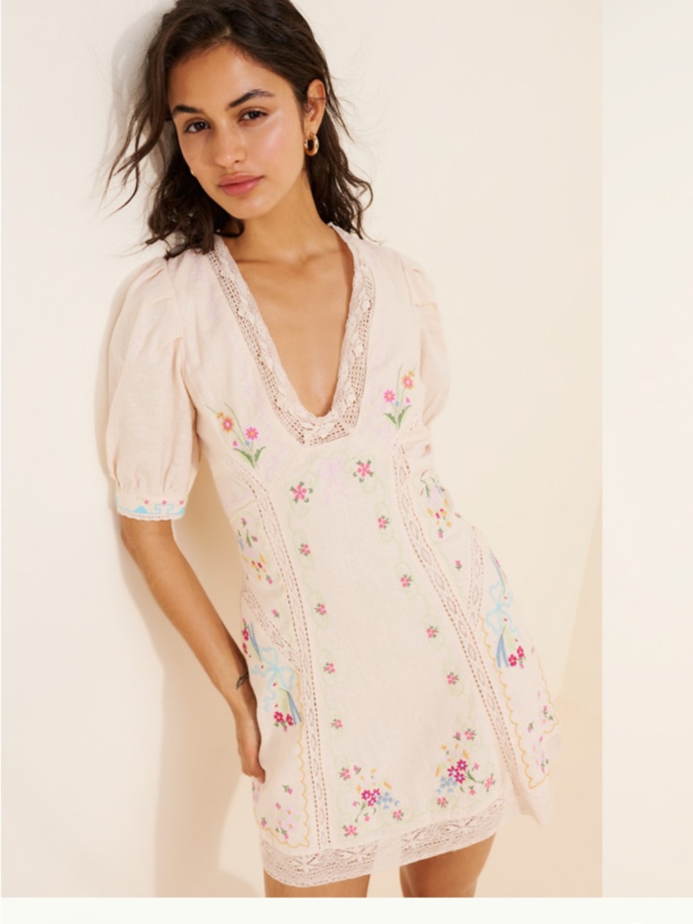 Anthropologie Cream Embroidered Midi Dress with Pink & Blue Floral dress size 2